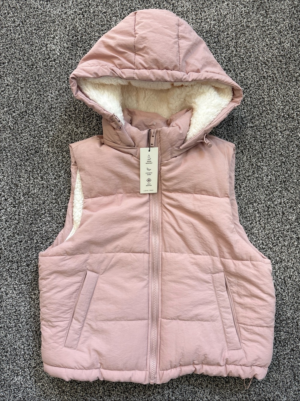 Love Tree Puff Vest Fleece Pink Size Medium Hooded Water Resistant Zipper Pocket